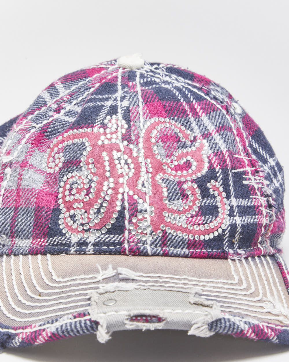 Vintage Y2K 00s True Religion Plaid Distressed Contrast Stitch Diamante Wool Blend Leather Strap Baseball Cap - OS