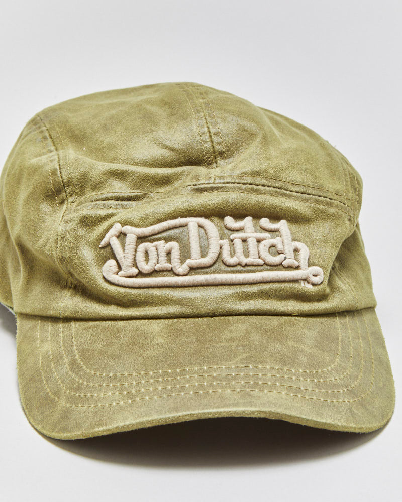 DS Vintage Y2K 00s Von Dutch Olive Khaki Waxed Canvas 5-Panel Cap - OS