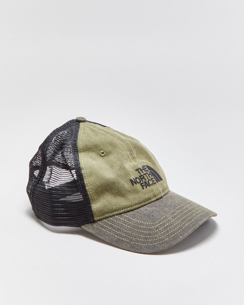 Vintage The North Face Khaki Denim TNF Logo Curve Brim Trucker Hat - OS