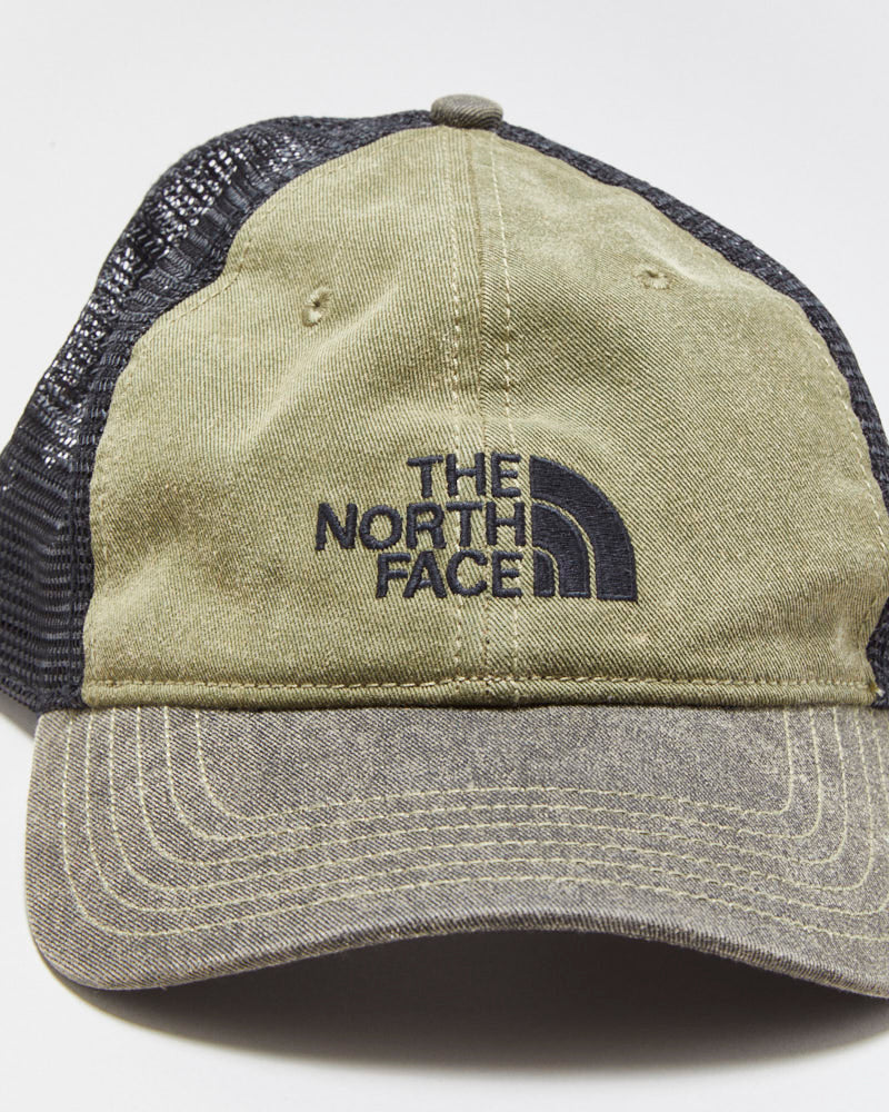 Vintage The North Face Khaki Denim TNF Logo Curve Brim Trucker Hat - OS