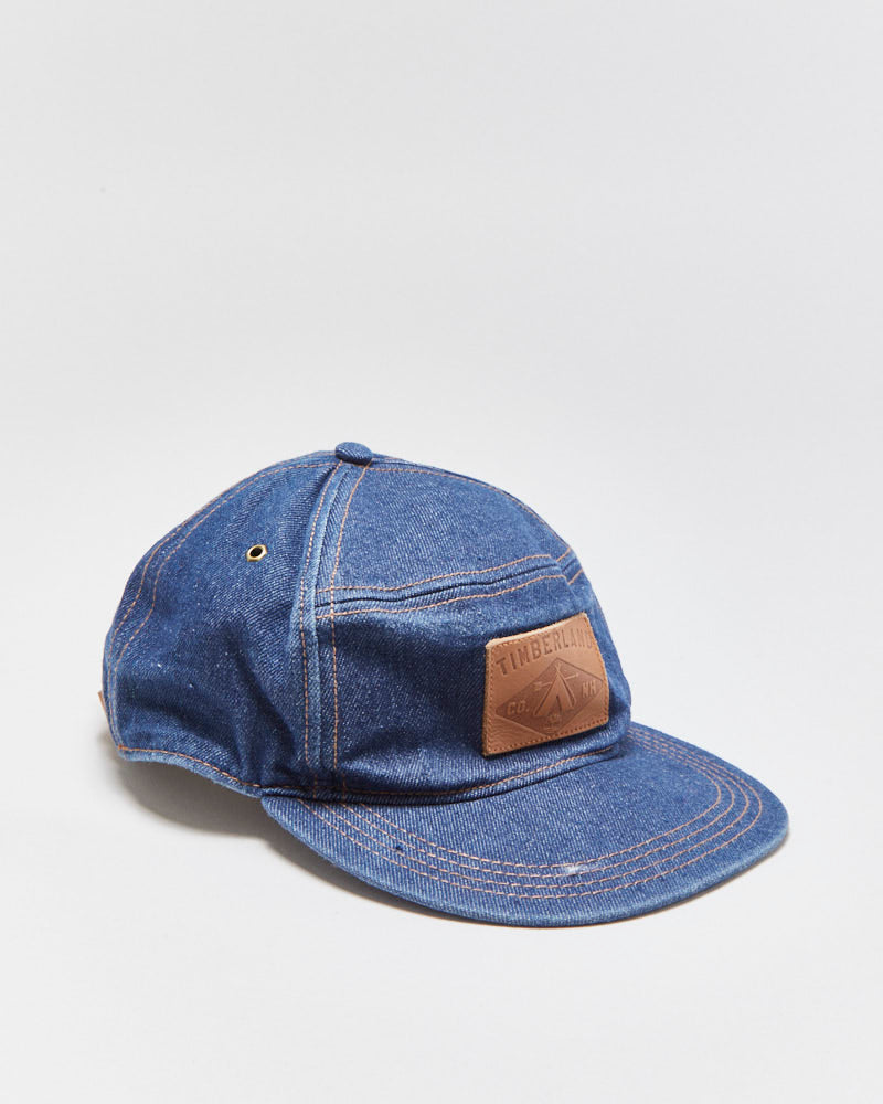 Vintage Timberland Raw Indigo Denim Leather Strap Baseball Panel Cap - OS