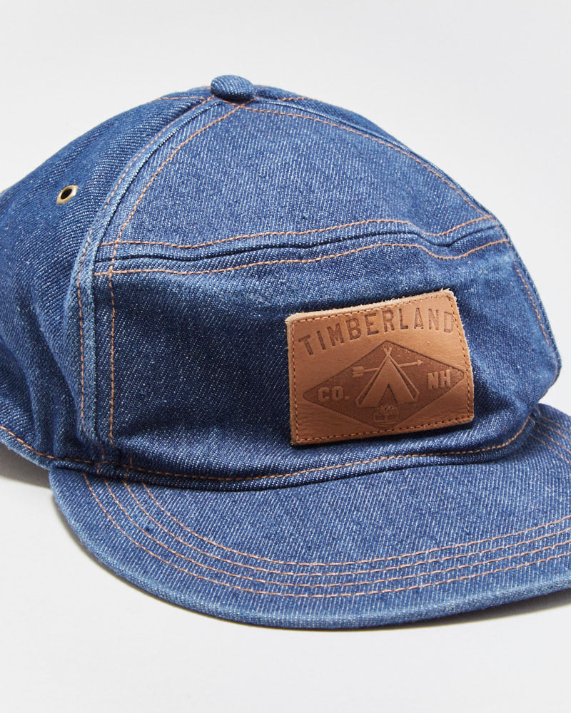 Vintage Timberland Raw Indigo Denim Leather Strap Baseball Panel Cap - OS