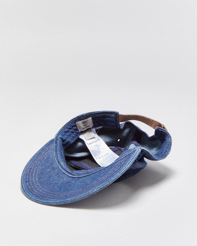 Vintage Timberland Raw Indigo Denim Leather Strap Baseball Panel Cap - OS