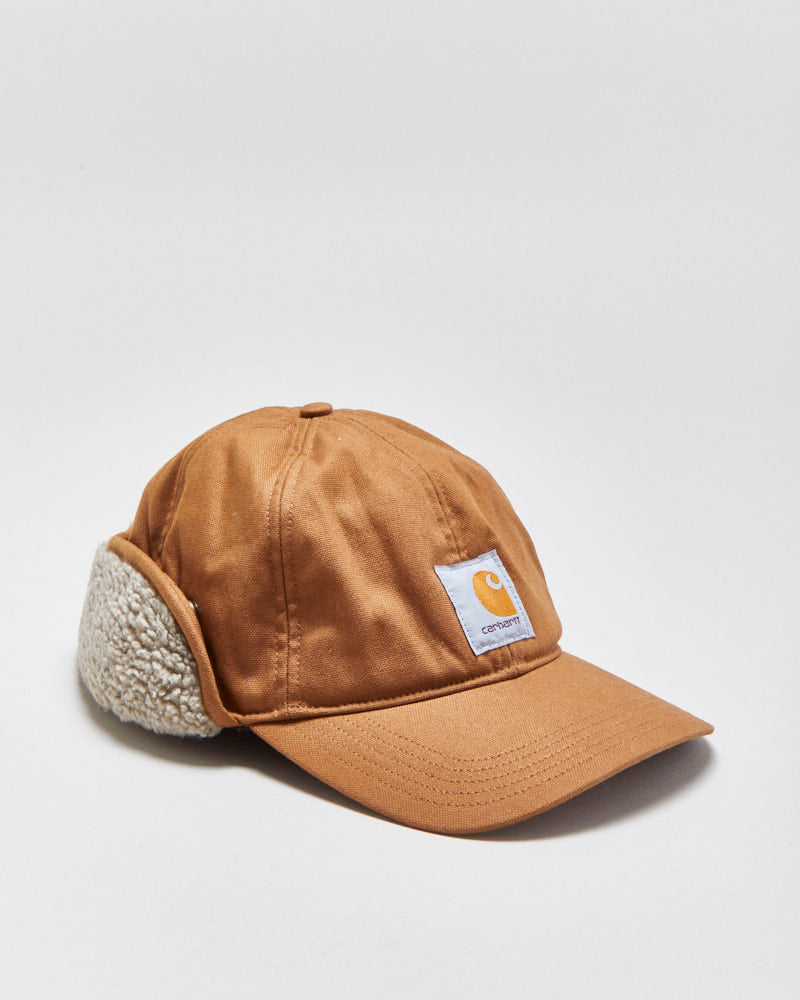 DS Vintage Carhartt Tan Canvas Rain Defender Ear Flap Sherpa Trapper Cap - M/L
