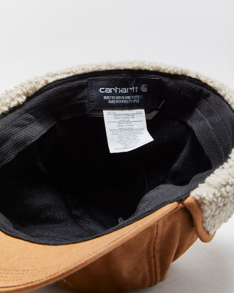 DS Vintage Carhartt Tan Canvas Rain Defender Ear Flap Sherpa Trapper Cap - M/L