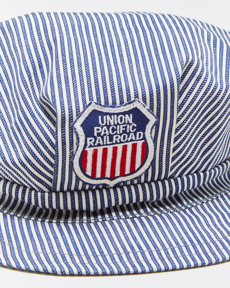 DS Vintage 1980s Union Pacific Railway Hickory Striped Canvas Train Engineer Hat - S/M