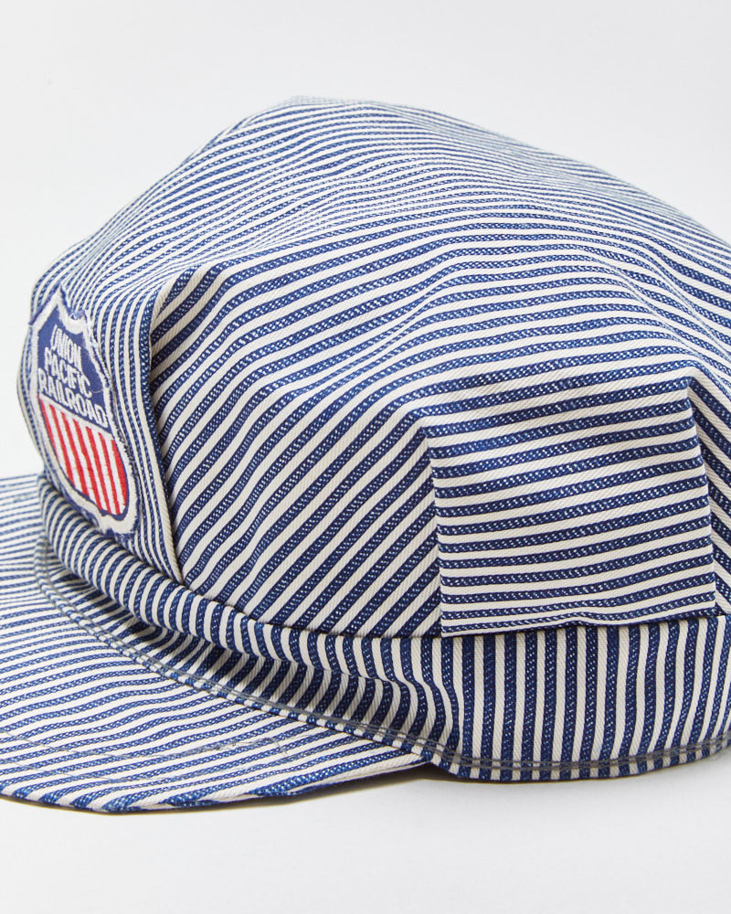 DS Vintage 1980s Union Pacific Railway Hickory Striped Canvas Train Engineer Hat - S/M