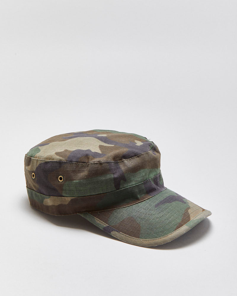 Vintage 1990s U.S Military Woodland Camo Waxed Canvas Made In USA Army Cap - M/L