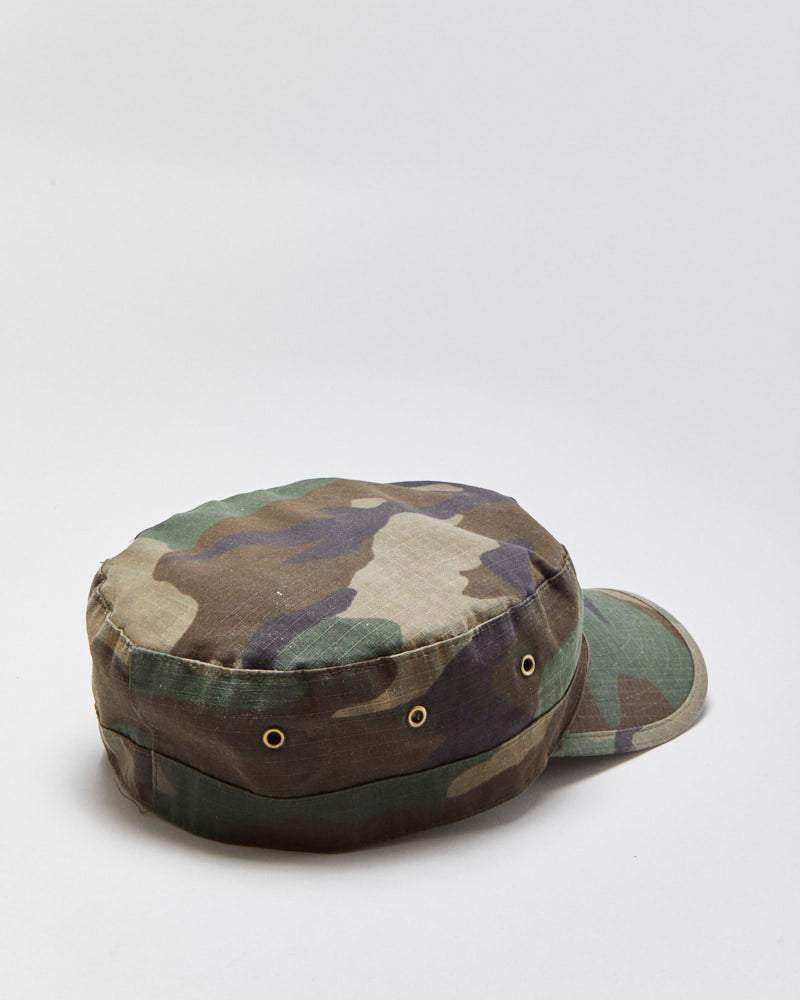 Vintage 1990s U.S Military Woodland Camo Waxed Canvas Made In USA Army Cap - M/L