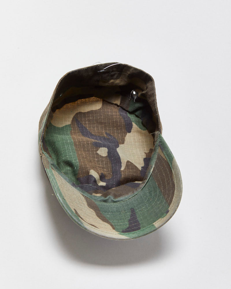 Vintage 1990s U.S Military Woodland Camo Waxed Canvas Made In USA Army Cap - M/L