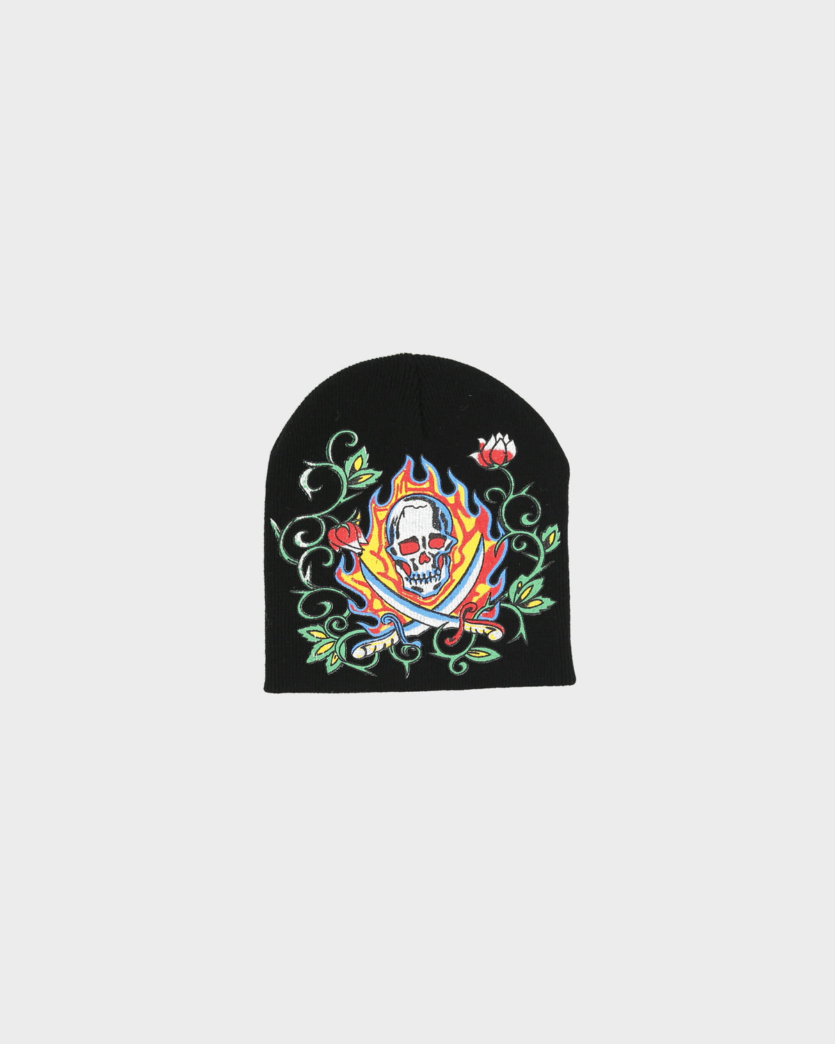 Vintage Y2K 00s Hand Painted Skull &amp; X Bones Knit Skullcap Beanie - OS