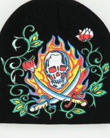 Vintage Y2K 00s Hand Painted Skull &amp; X Bones Knit Skullcap Beanie - OS