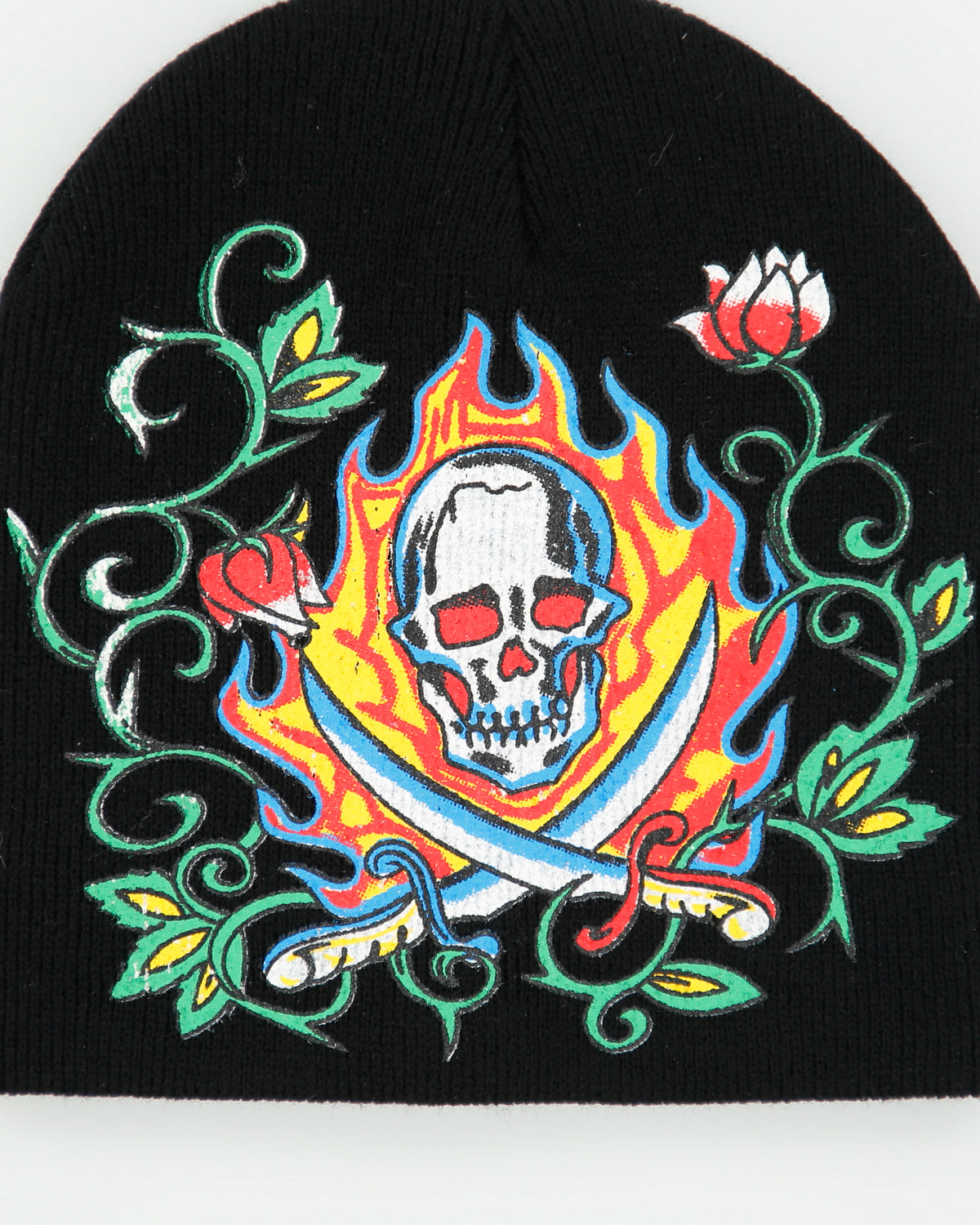 Vintage Y2K 00s Hand Painted Skull &amp; X Bones Knit Skullcap Beanie - OS