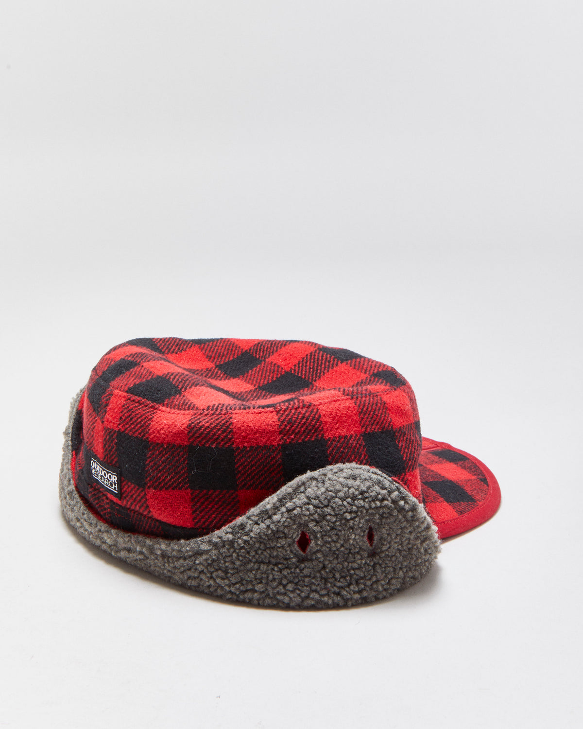 Vintage Outdoor Research Buffalo Plaid Sherpa Lined Wool Blend Split Peak Trapper Hat - L