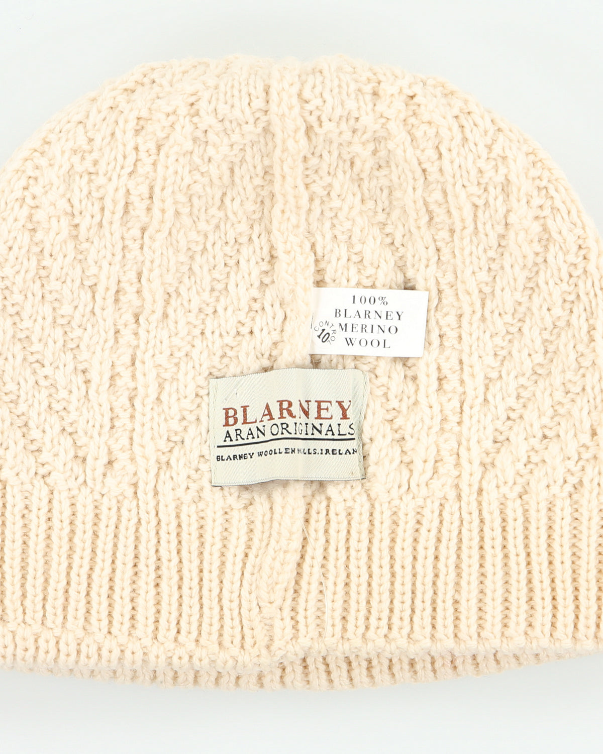 Vintage Blarney Aran Originals Made In Ireland Cream Merino Wool Cable Knit Fishermans Beanie - OS