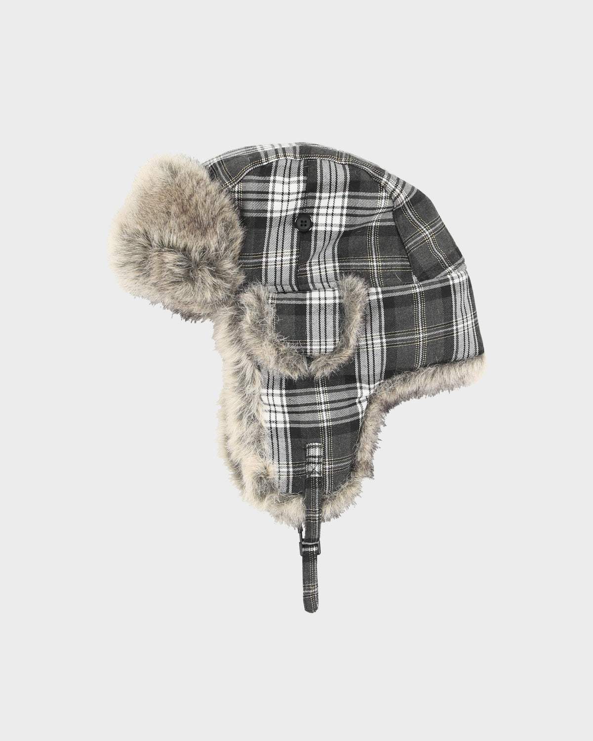 Vintage Y2K 00s Canvas Plaid Faux Fur Trapper Hat - OS