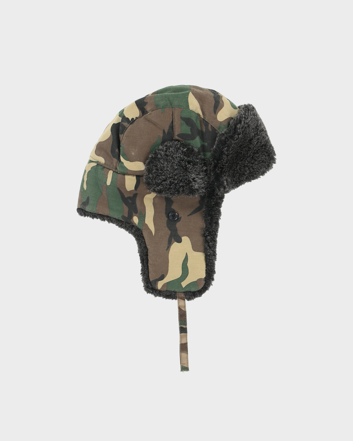 Vintage Y2K 00s Woodland Camo Canvas Fleece Lined Faux Fur Trapper Hat - OS