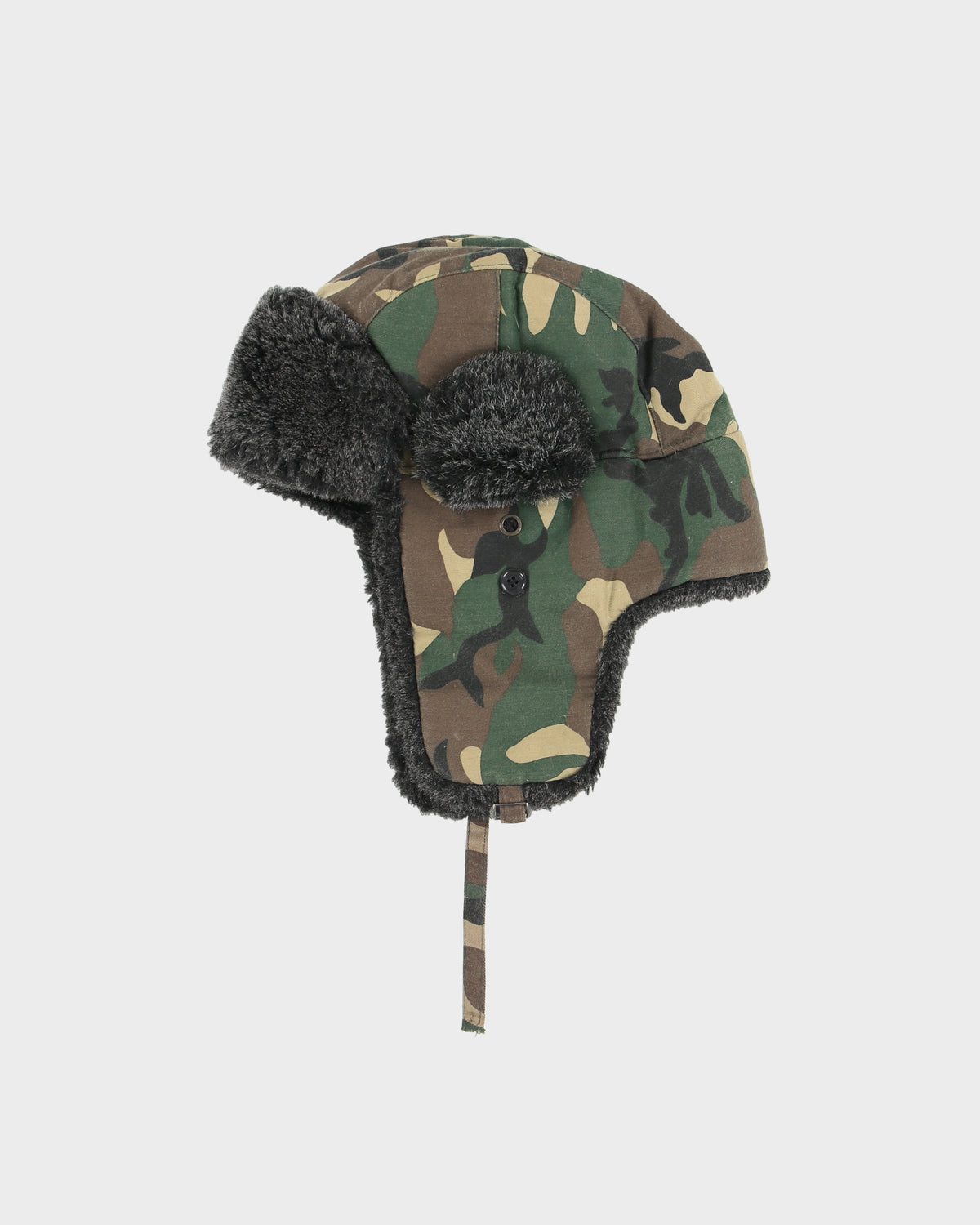 Vintage Y2K 00s Woodland Camo Canvas Fleece Lined Faux Fur Trapper Hat - OS