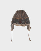 Vintage Y2K 00s Crown Cap Leather Lapin Fur Aviator Trapper Hat - L