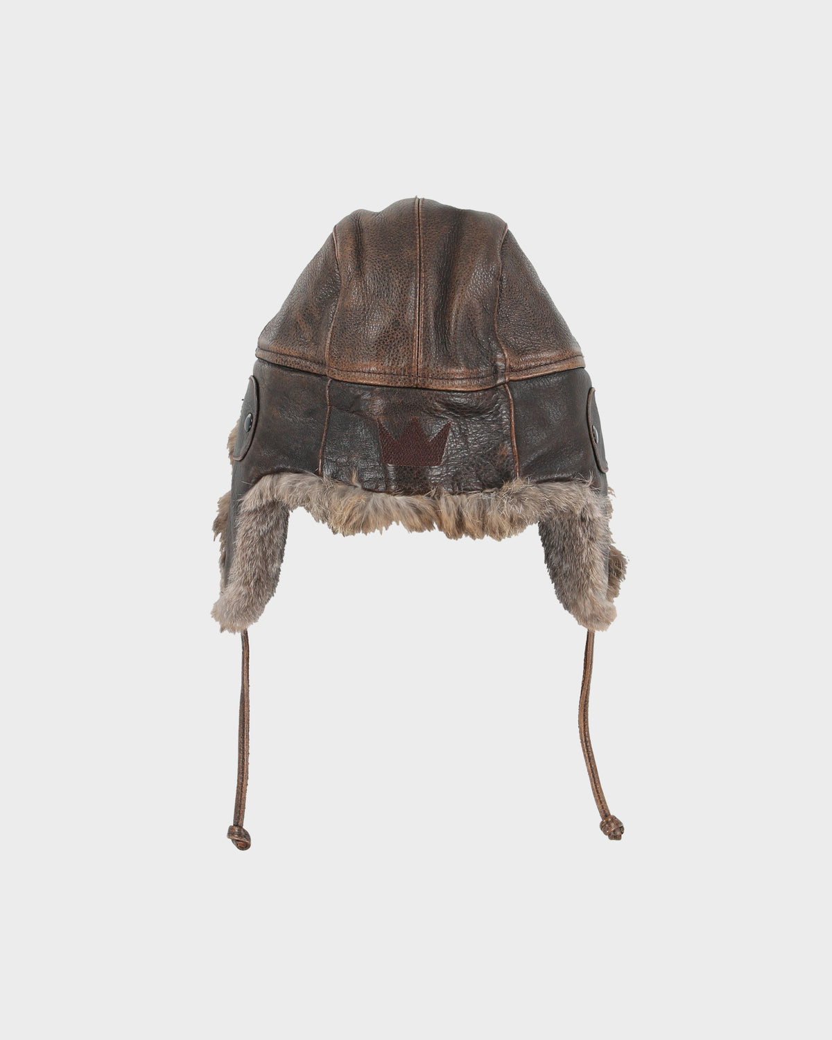 Vintage Y2K 00s Crown Cap Leather Lapin Fur Aviator Trapper Hat - L