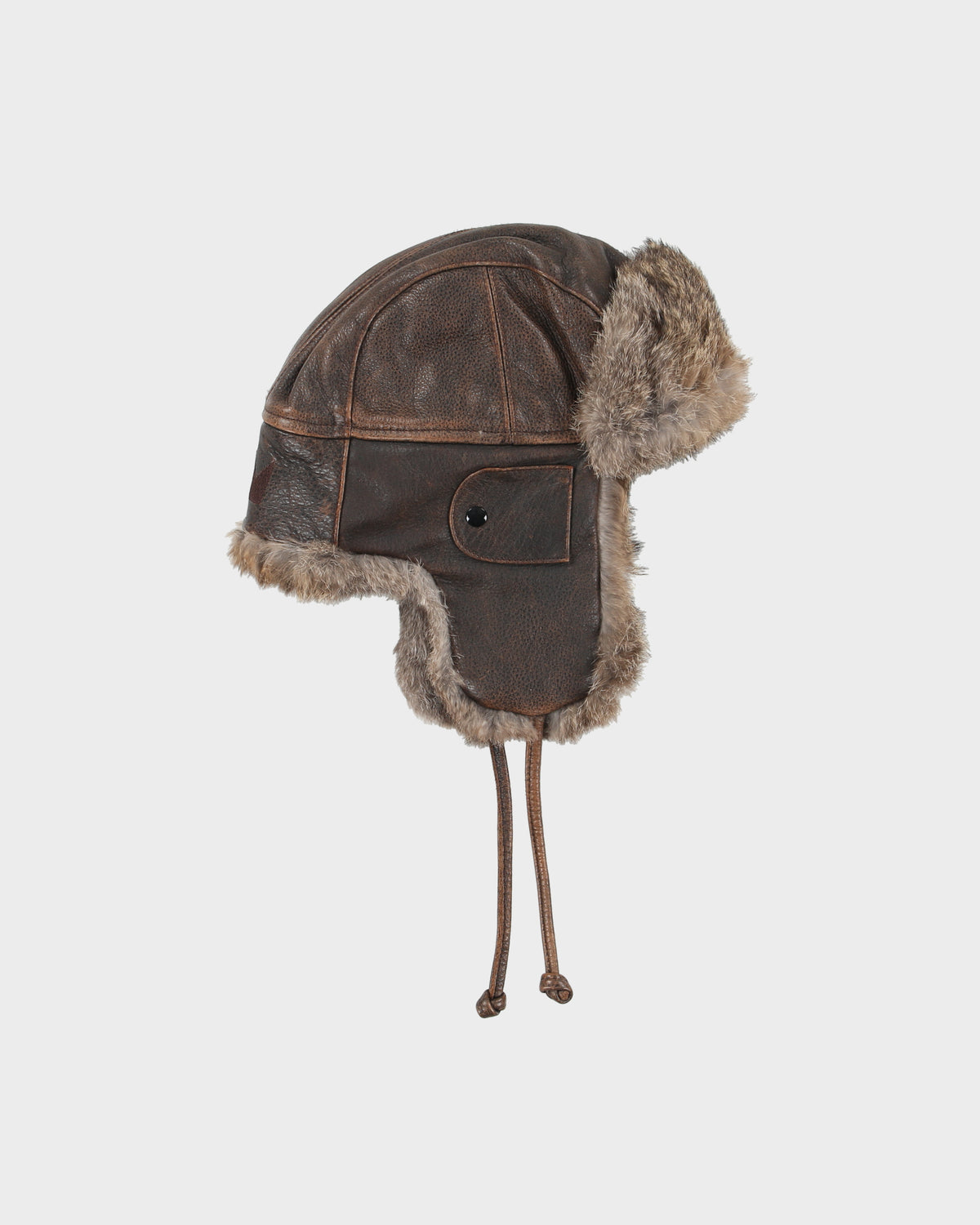 Vintage Y2K 00s Crown Cap Leather Lapin Fur Aviator Trapper Hat - L
