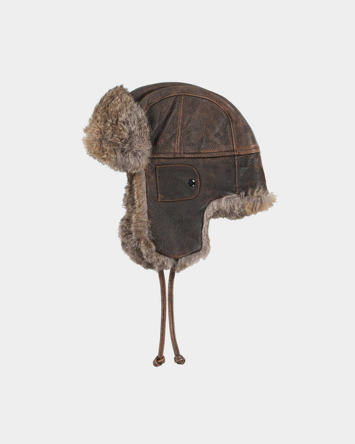 Vintage Y2K 00s Crown Cap Leather Lapin Fur Aviator Trapper Hat - L