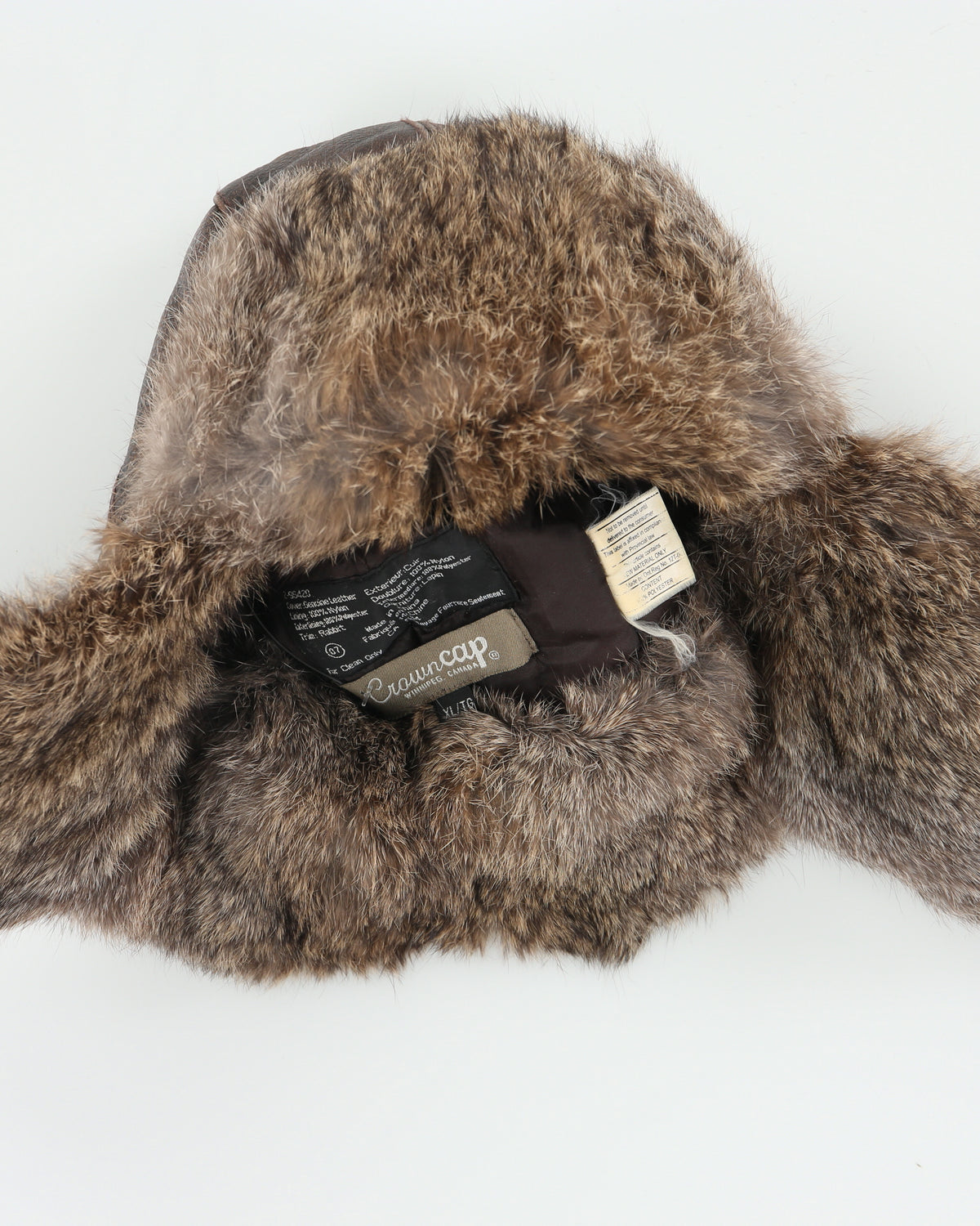 Vintage Y2K 00s Crown Cap Leather Lapin Fur Aviator Trapper Hat - L