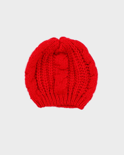 Unisex Red Hand Cable Knit  Beanie - O/S