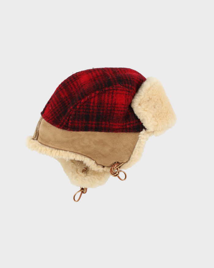 Vintage 1980s Woolrich Buffalo Plaid Wool Shearling Hunting Trapper Hat - M