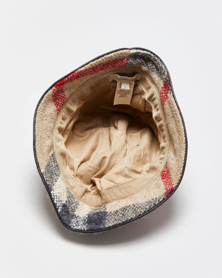 Vintage 00s Y2K Women's Burberry Nova Check Wool Leather Trim Bucket Hat - S