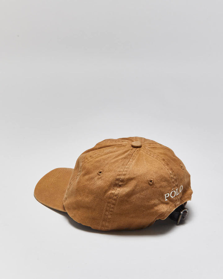 Vintage Y2K 00s Polo Ralph Lauren Japan Tan Signature Cotton Chino Leather Strap Baseball Cap - OS