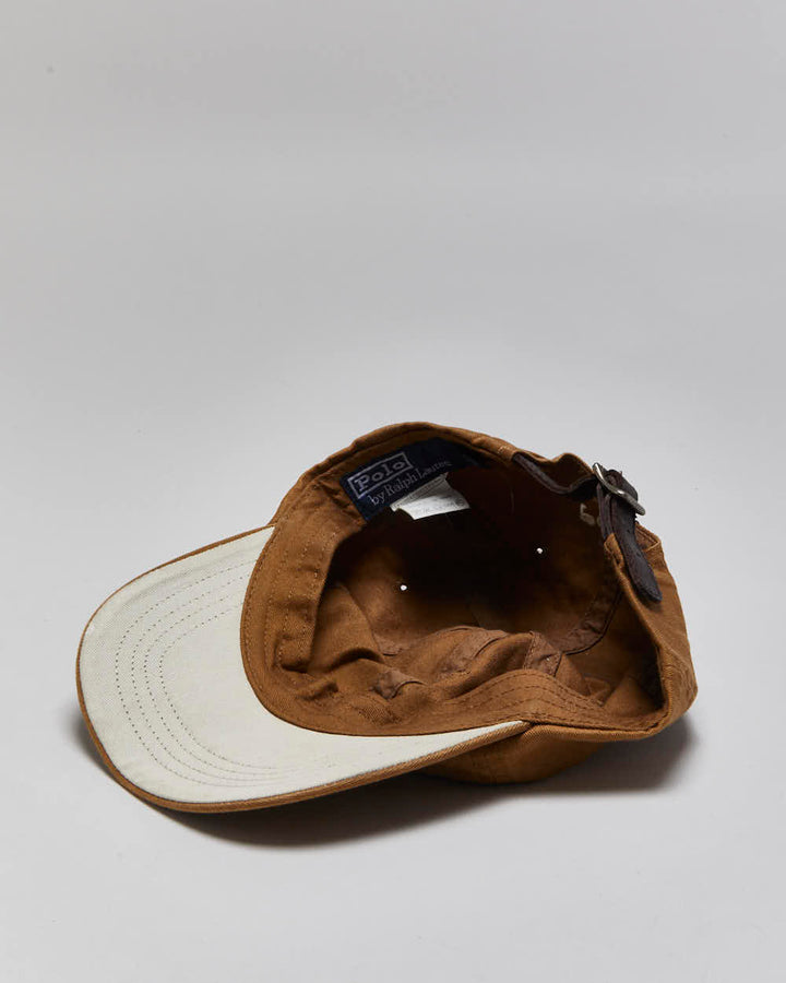Vintage Y2K 00s Polo Ralph Lauren Japan Tan Signature Cotton Chino Leather Strap Baseball Cap - OS