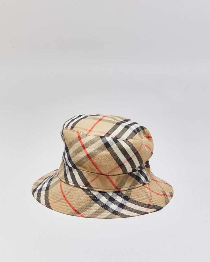 Vintage 1980s Burberry Made In England Nova Check Canvas Bucket Hat - S