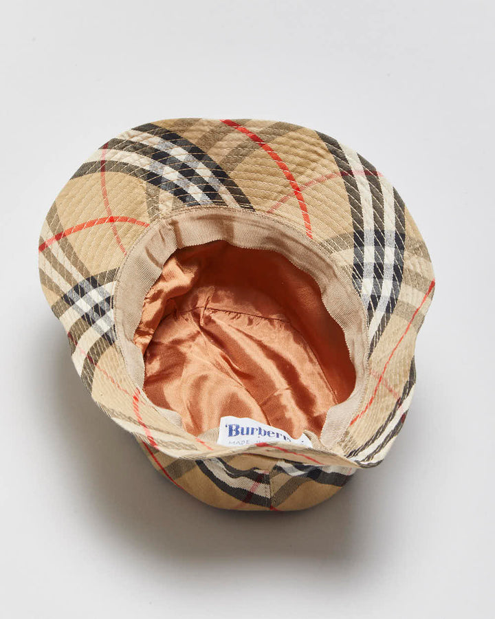 Vintage 1980s Burberry Made In England Nova Check Canvas Bucket Hat - S