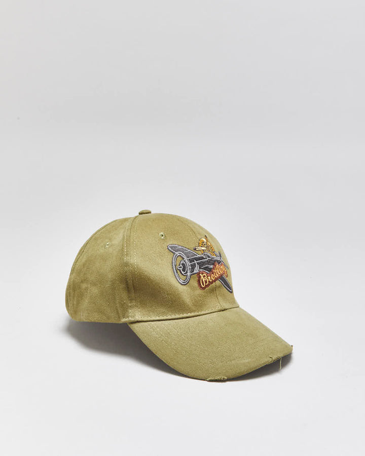 Vintage Breitling Khaki Distressed Canvas Leather Strap Baseball Cap - OS