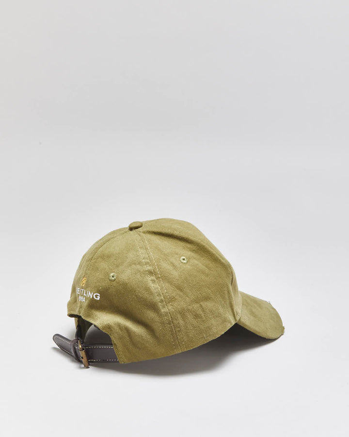 Vintage Breitling Khaki Distressed Canvas Leather Strap Baseball Cap - OS