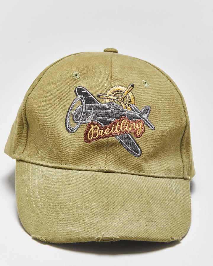Vintage Breitling Khaki Distressed Canvas Leather Strap Baseball Cap - OS