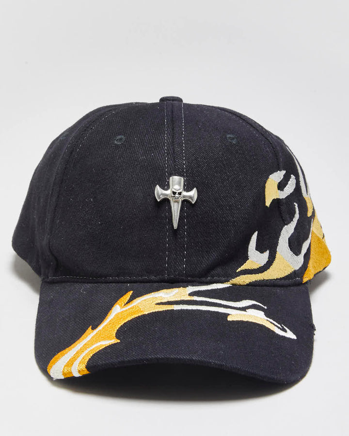 Vintage Y2K 00s Strut Embroidered Flame Biker Canvas Velcro Baseball Cap - OS