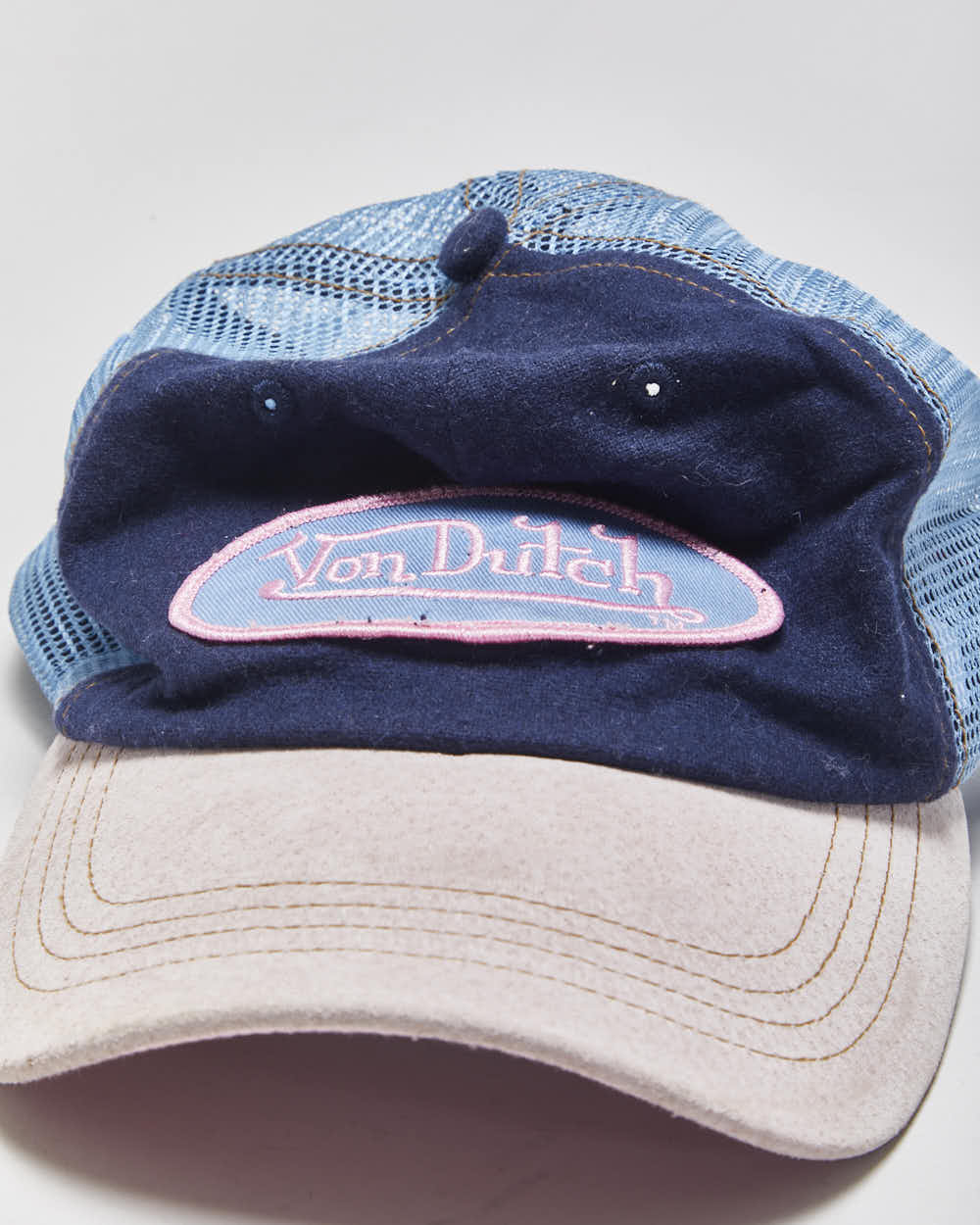 Vintage Y2K 00s Von Dutch Baby Pink Classic Patch Suede Peak Trucker Hat - OS