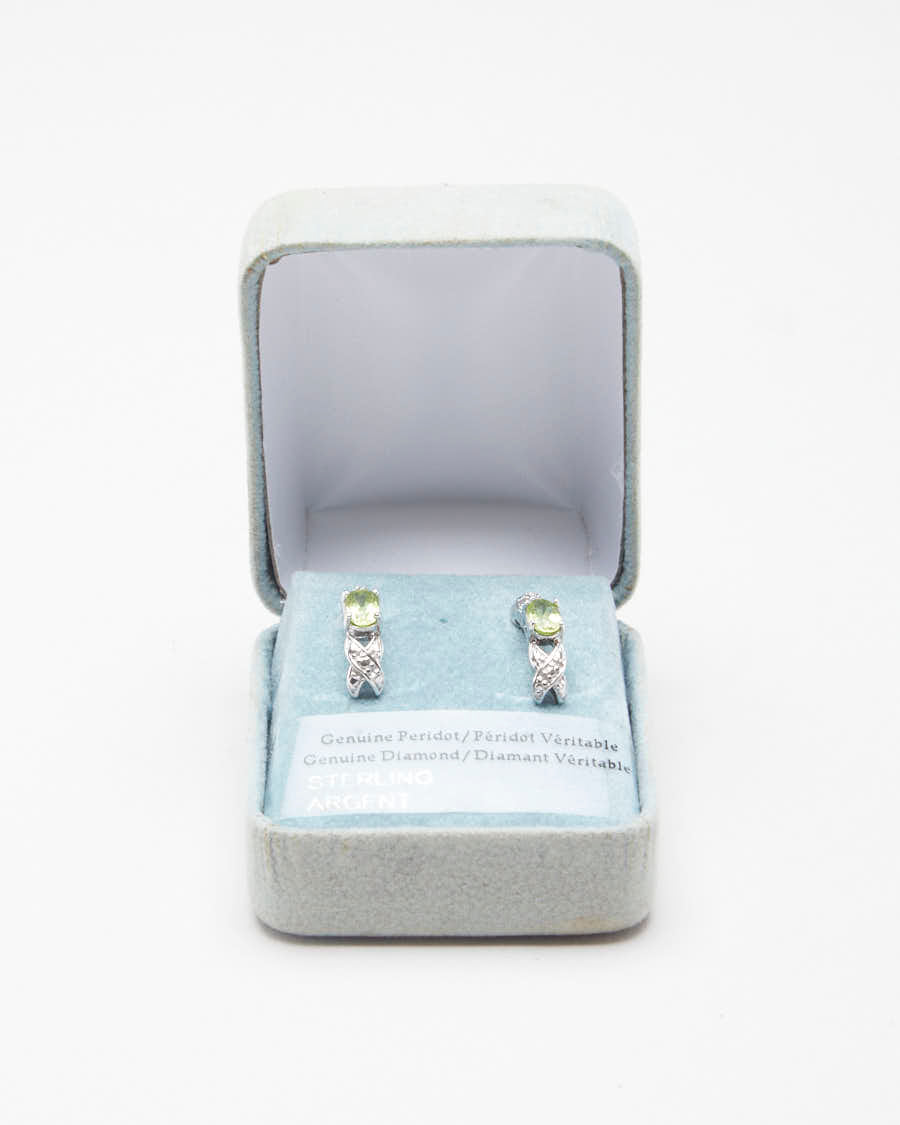 Peridot Diamond Silver Earrings
