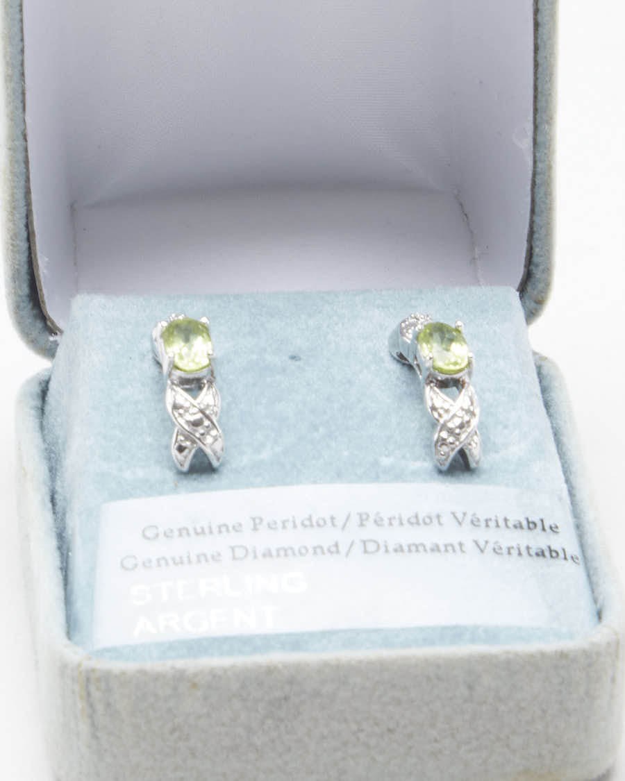Peridot Diamond Silver Earrings