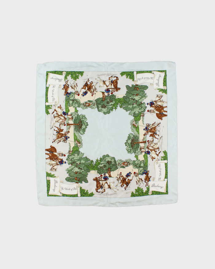 Vintage 1990s Burberry 'World Of Polo' Ice Blue Hand Rolled Silk Scarf