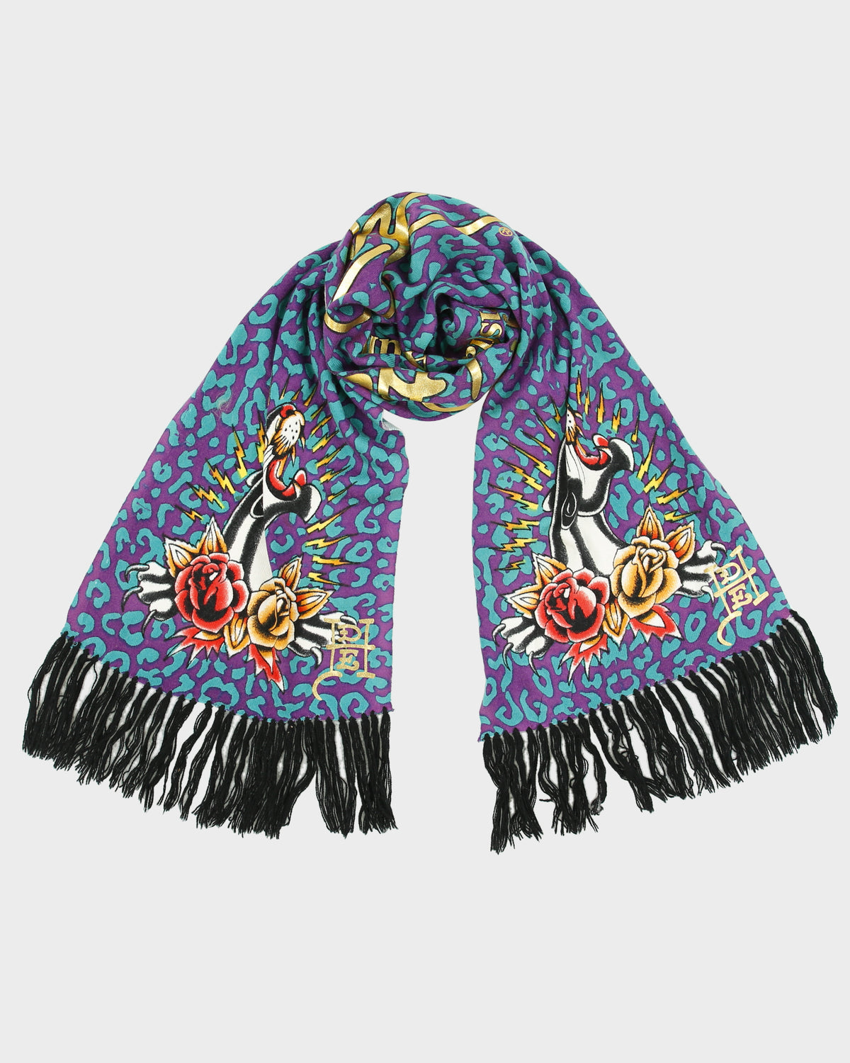 Vintage Y2K 00s Ed Hardy By Christian Audigier Leopard Print Knit Tattoo Fringe Scarf