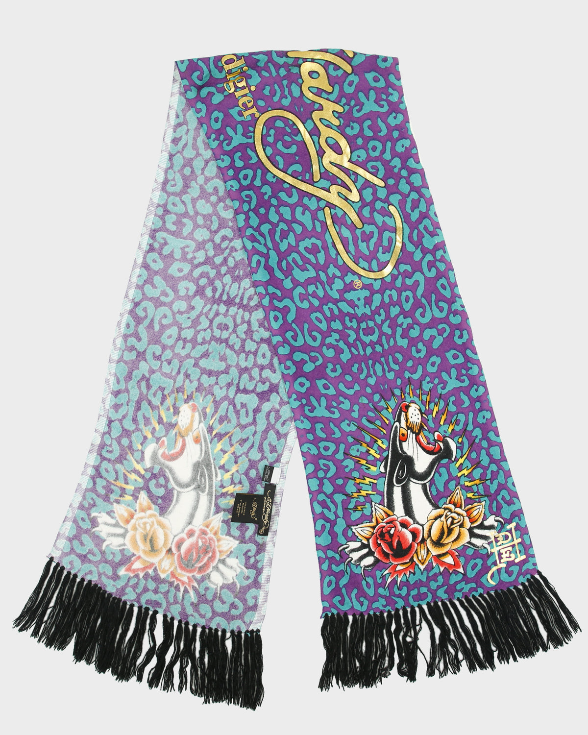 Vintage Y2K 00s Ed Hardy By Christian Audigier Leopard Print Knit Tattoo Fringe Scarf