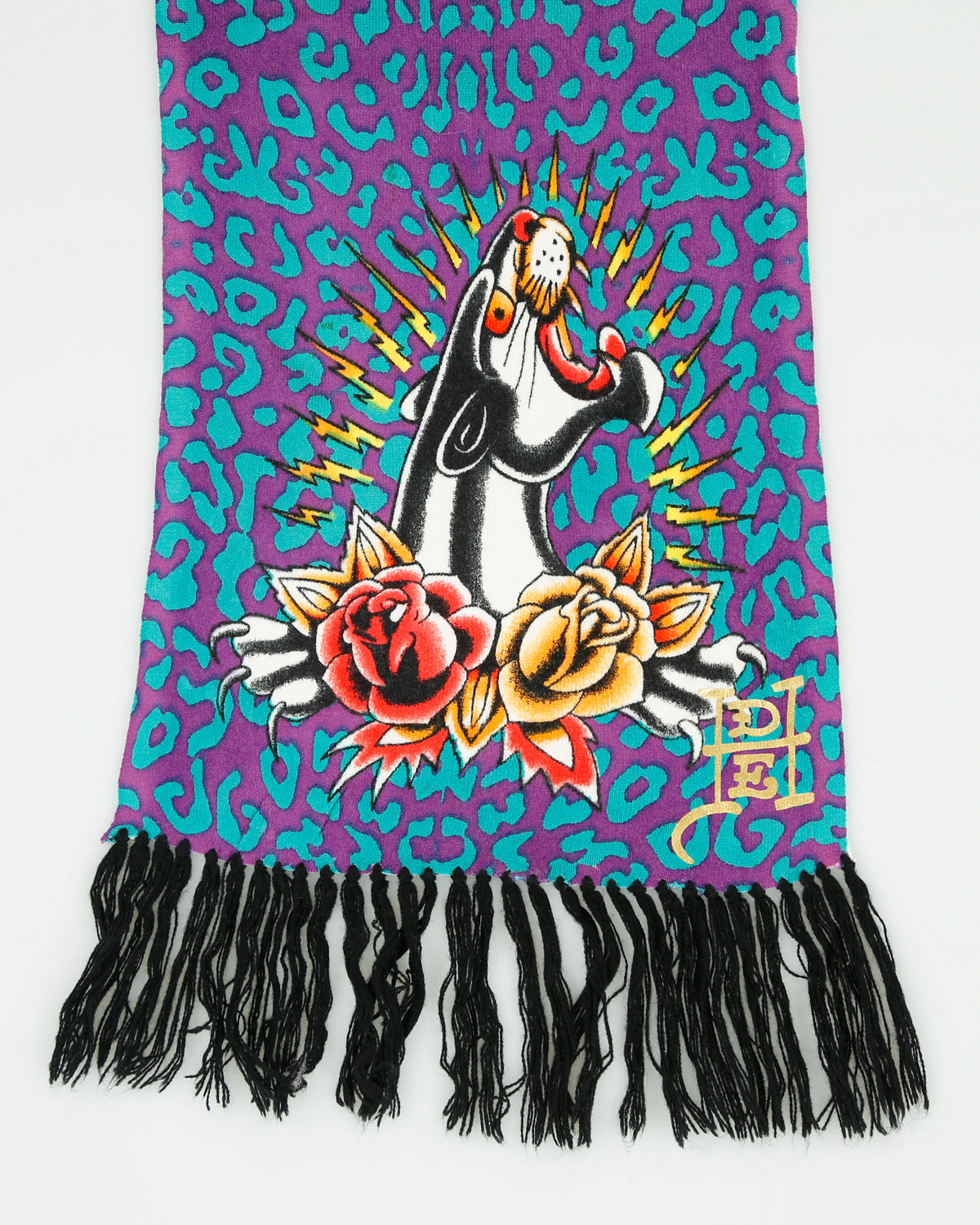 Vintage Y2K 00s Ed Hardy By Christian Audigier Leopard Print Knit Tattoo Fringe Scarf
