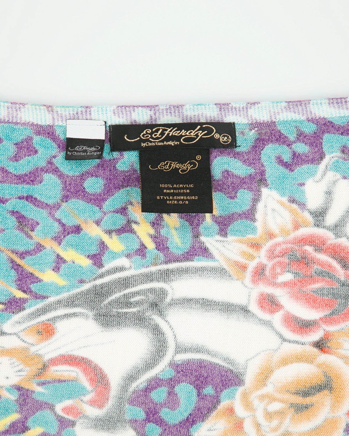 Vintage Y2K 00s Ed Hardy By Christian Audigier Leopard Print Knit Tattoo Fringe Scarf