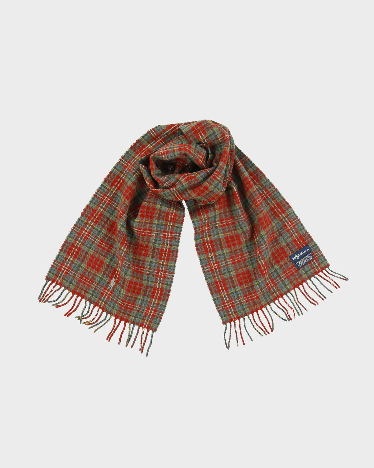 Vintage 1990s Polo Ralph Lauren Tartan Wool Made In Scotland Logo Knit Fringe Scarf