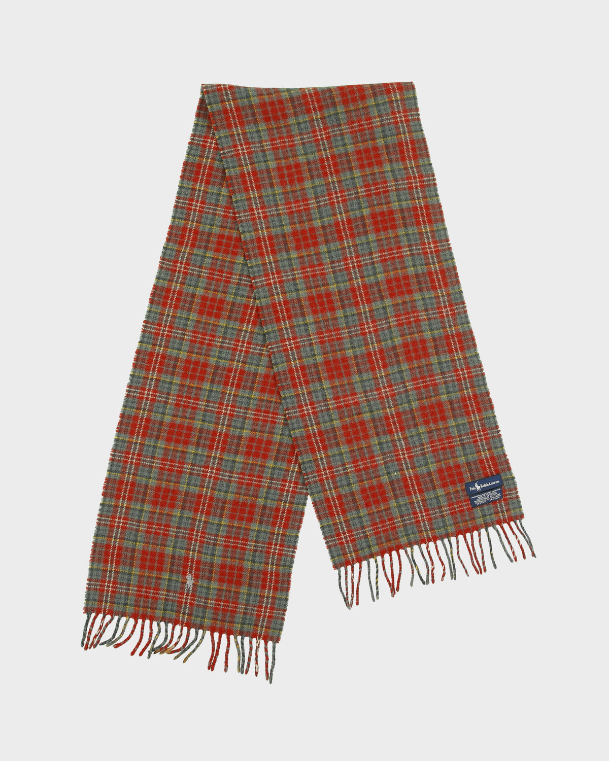 Vintage 1990s Polo Ralph Lauren Tartan Wool Made In Scotland Logo Knit Fringe Scarf