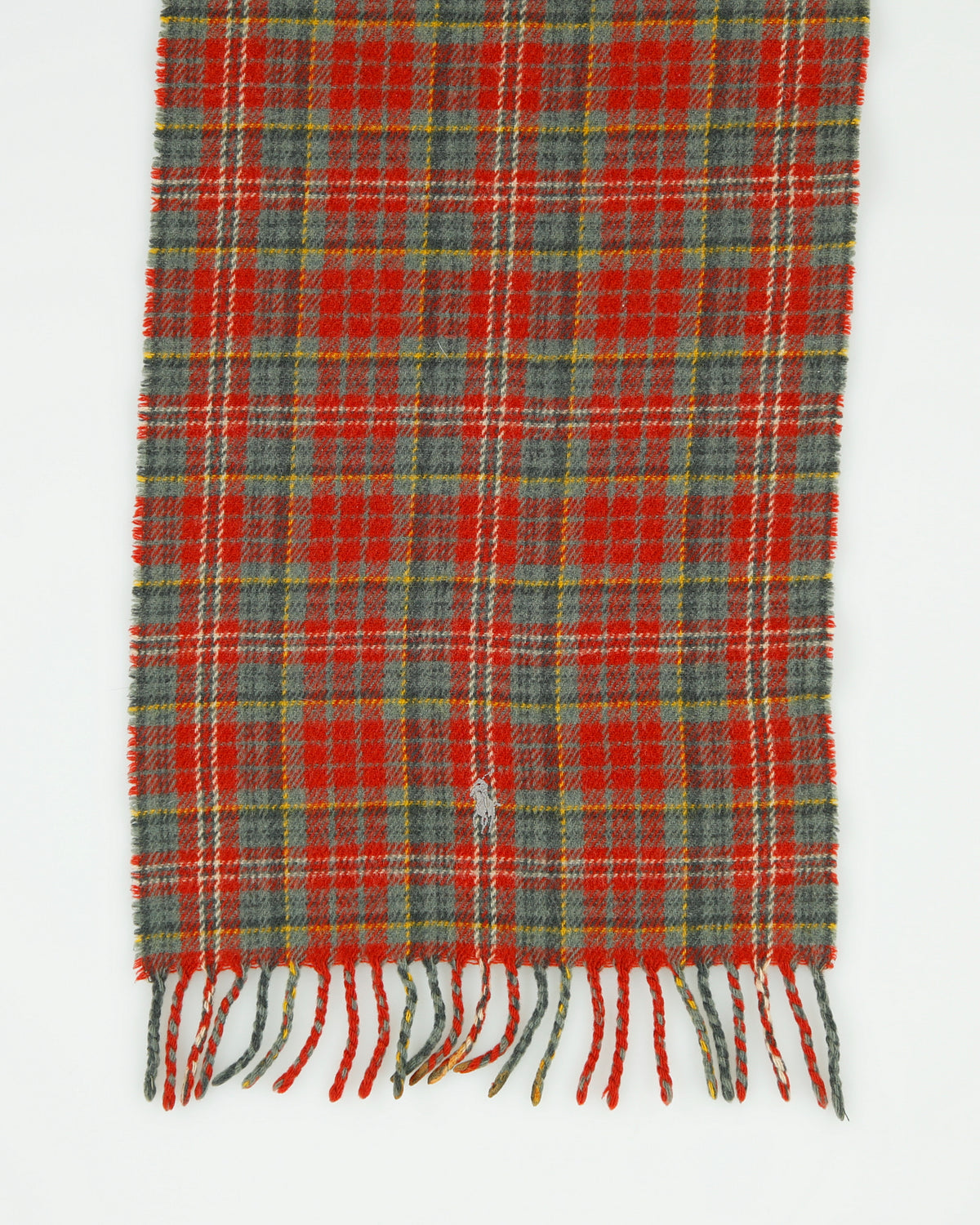 Vintage 1990s Polo Ralph Lauren Tartan Wool Made In Scotland Logo Knit Fringe Scarf