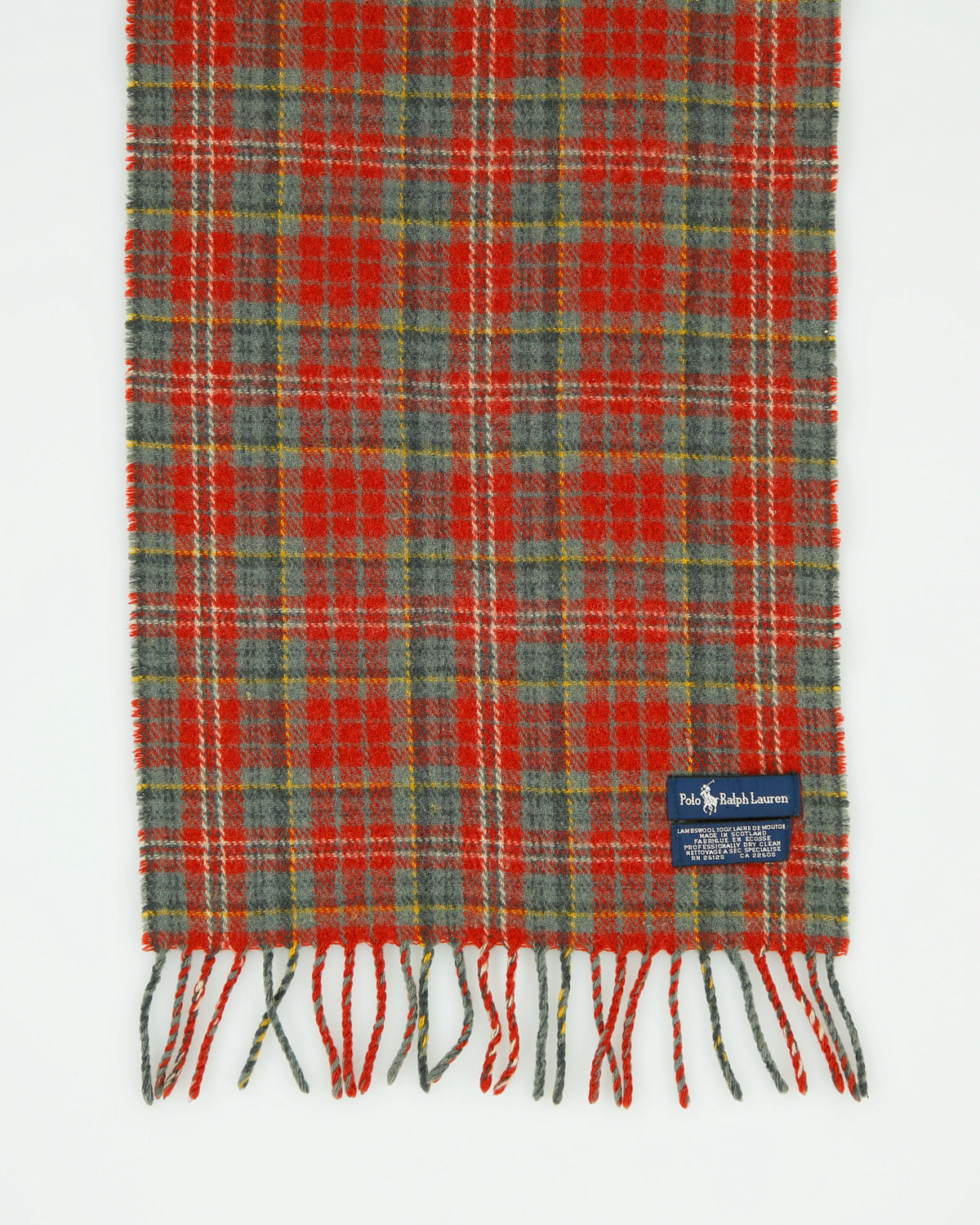 Vintage 1990s Polo Ralph Lauren Tartan Wool Made In Scotland Logo Knit Fringe Scarf